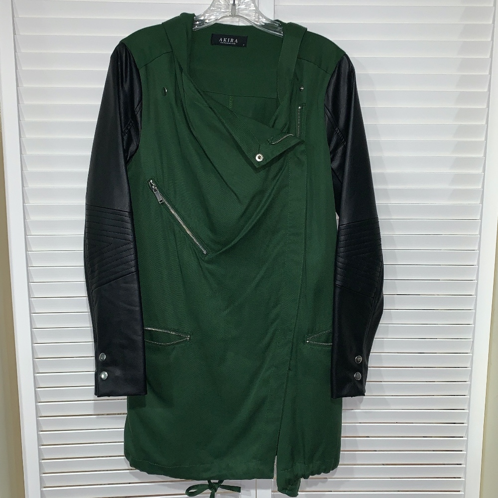 Akira Zippered Jacket with Faux Leather Sleeves